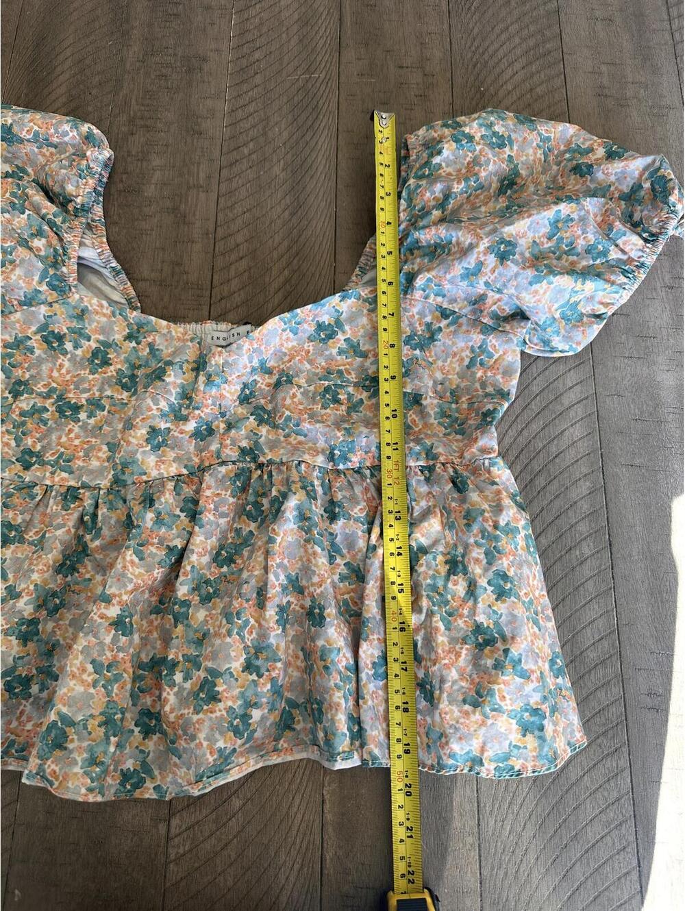 English Factory Women's Floral Puff Sleeve Top Teal, Orange & Cream size Large - Picture 10 of 12